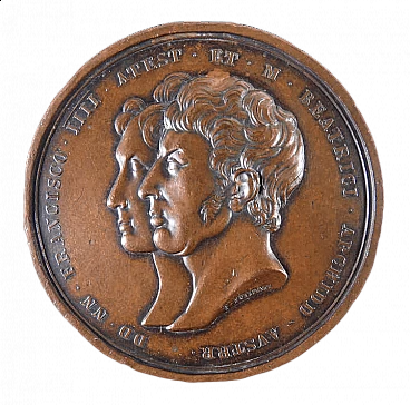 Medaglia in bronzo di F. Putinati con busti di Francesco IV e Maria Beatrice di Savoia, 1831