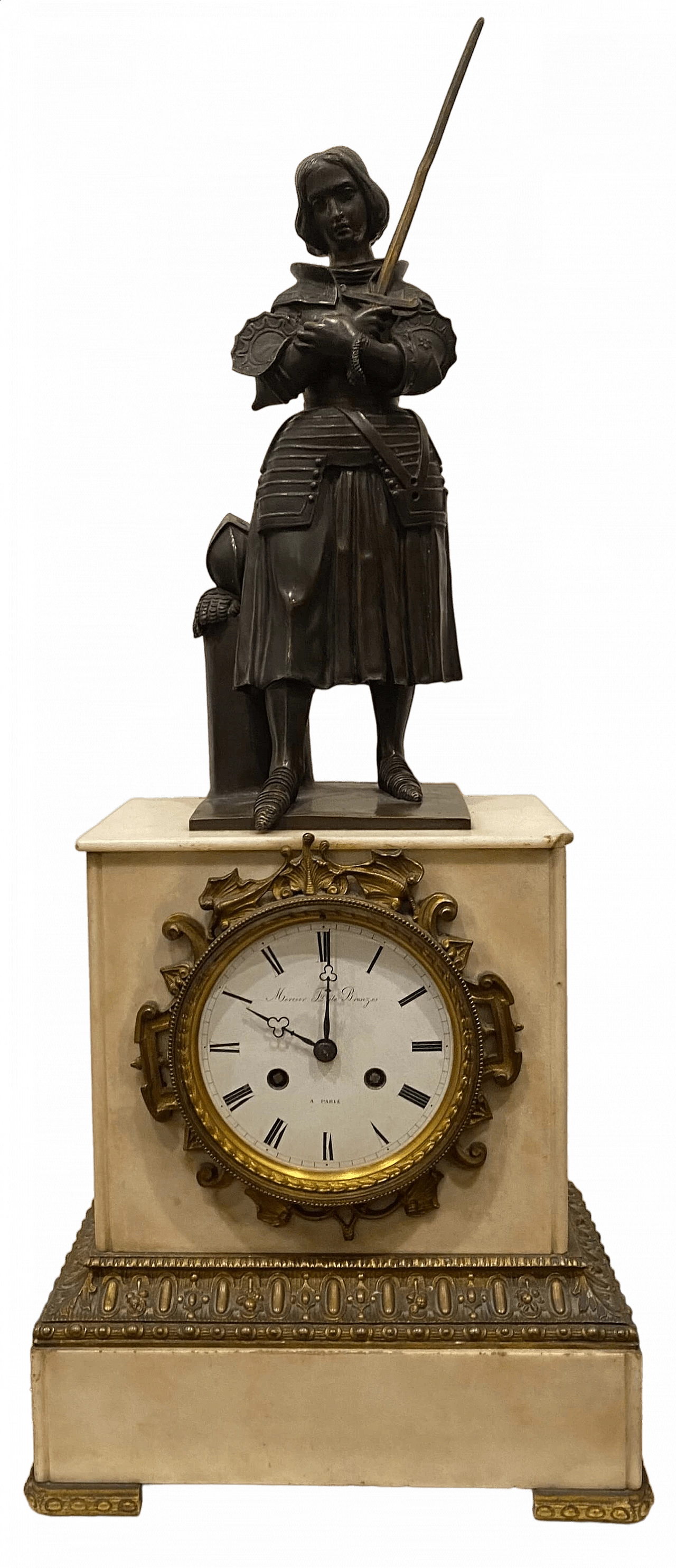 Alabaster and bronze clock with sculpture of Joan of Arc, early 20th century 7