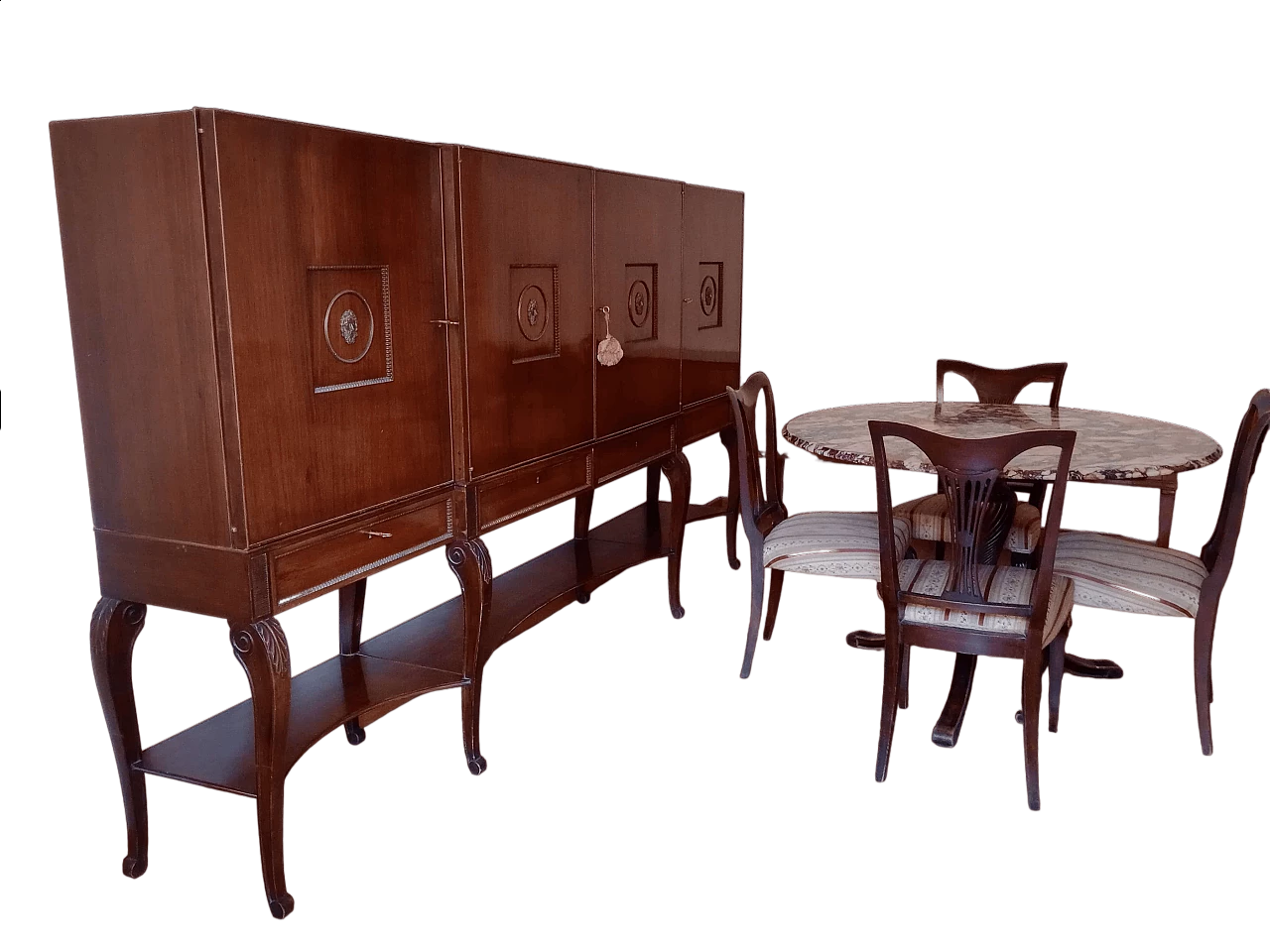 4 Mahogany chairs, sideboard and table with purple Calacatta marble top by Fratelli Barni Mobili d'Arte Seveso, 1950s 24
