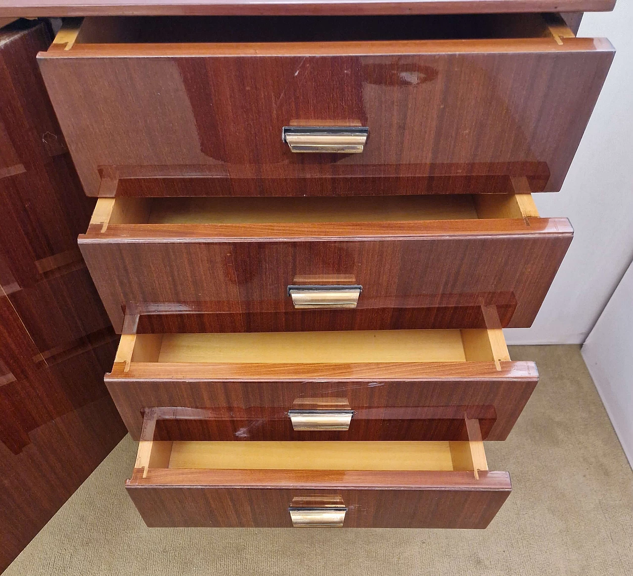 Mahogany veneer sideboard with copper handles, 1950s 5