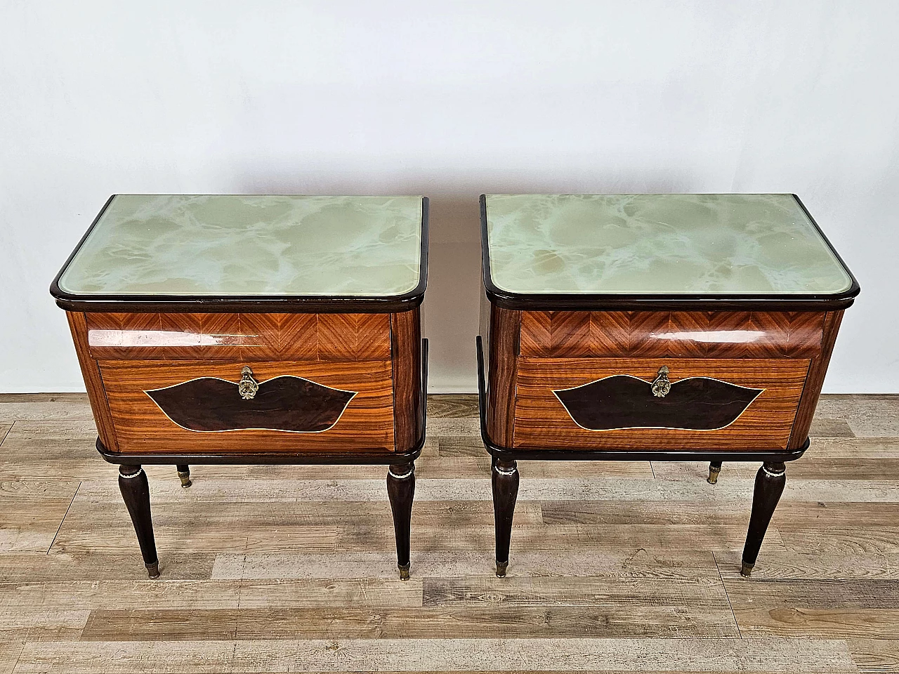 Pair of mahogany, maple and rosewood bedside tables with glass top and flap, 1960s 2