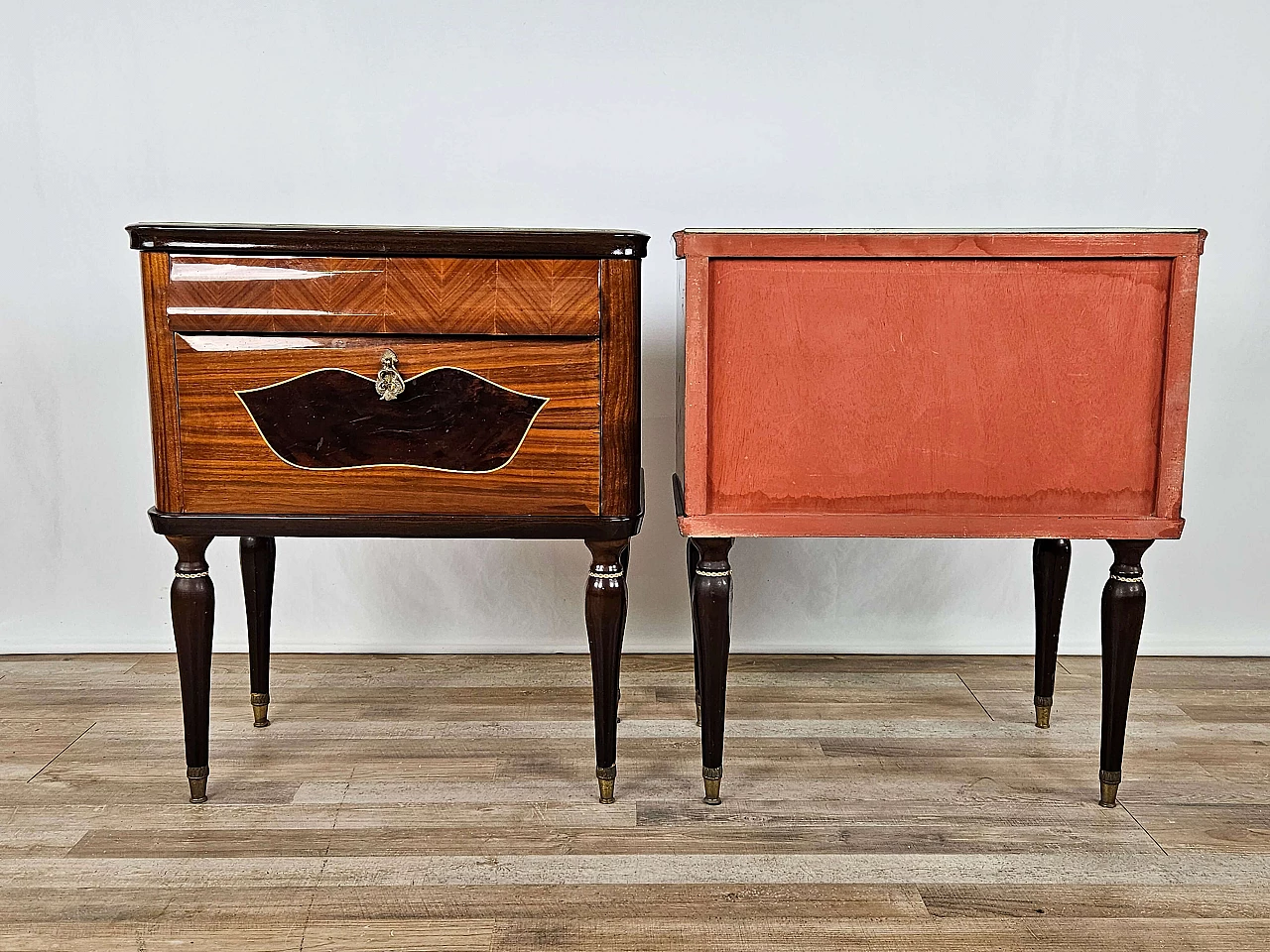 Pair of mahogany, maple and rosewood bedside tables with glass top and flap, 1960s 4