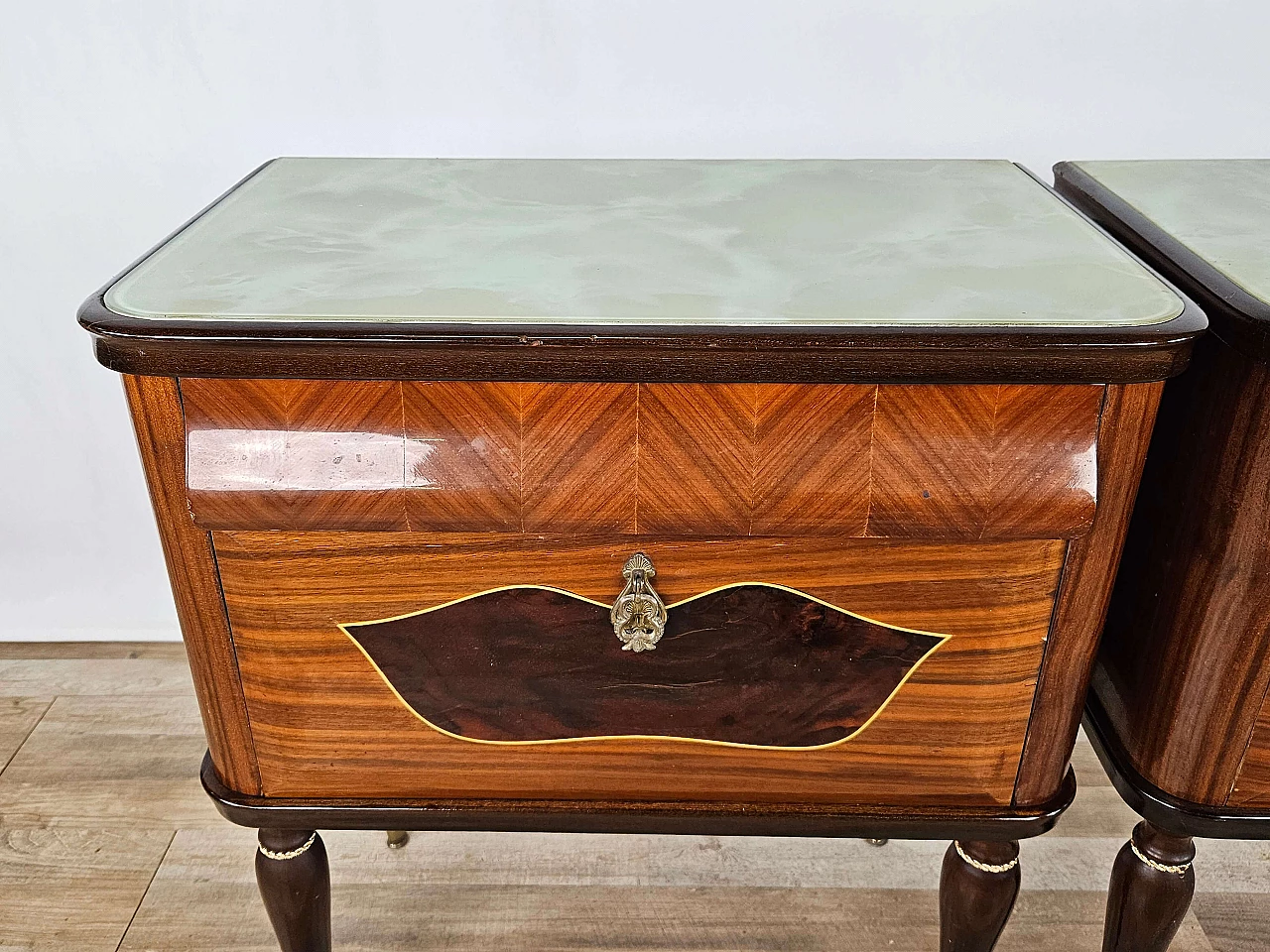 Pair of mahogany, maple and rosewood bedside tables with glass top and flap, 1960s 7