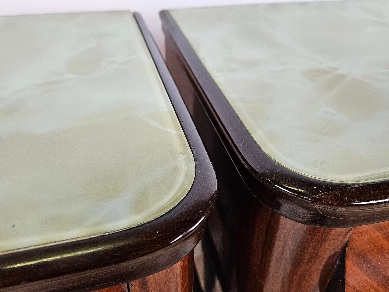 Pair of mahogany, maple and rosewood bedside tables with glass top and flap, 1960s 11