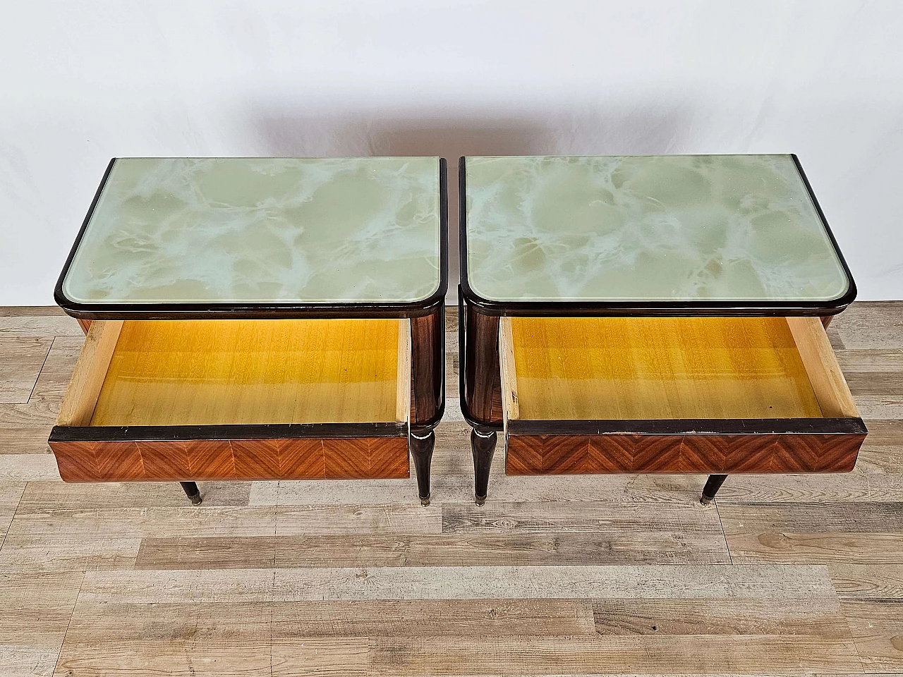 Pair of mahogany, maple and rosewood bedside tables with glass top and flap, 1960s 19