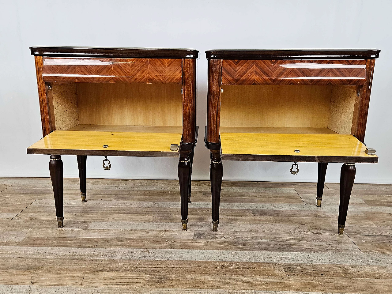 Pair of mahogany, maple and rosewood bedside tables with glass top and flap, 1960s 25