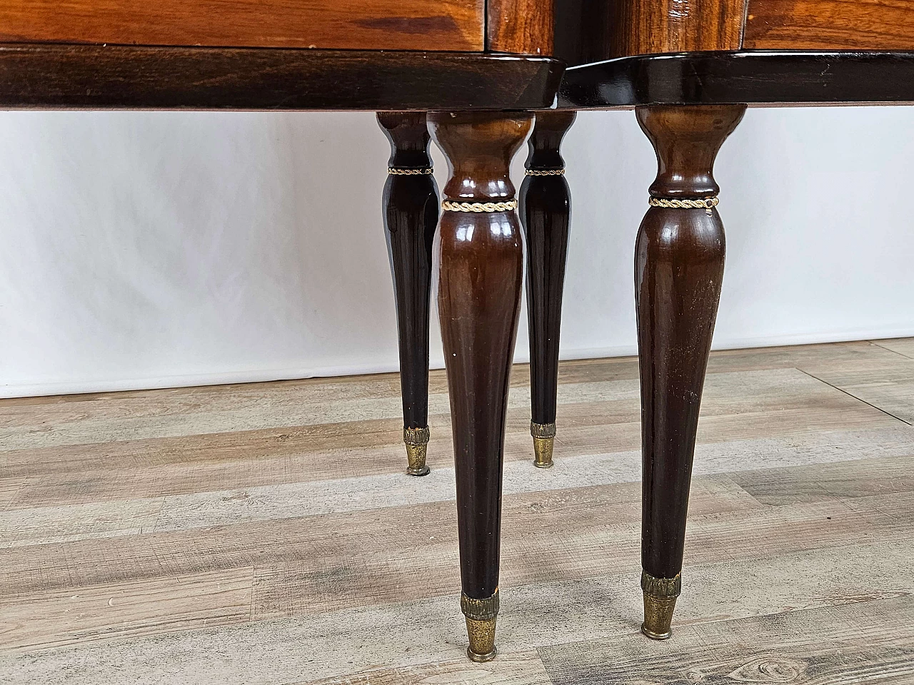 Pair of mahogany, maple and rosewood bedside tables with glass top and flap, 1960s 33