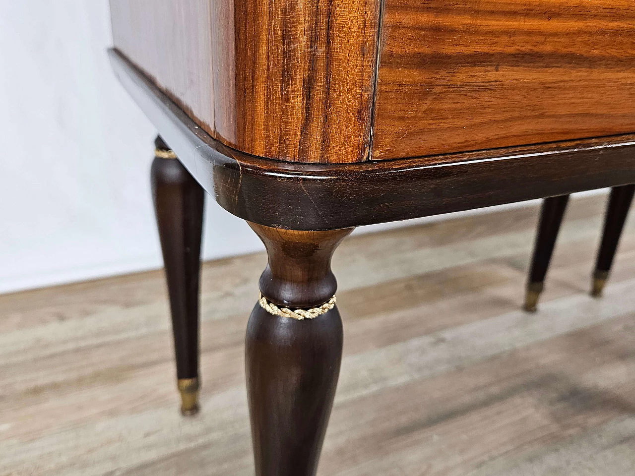 Pair of mahogany, maple and rosewood bedside tables with glass top and flap, 1960s 34