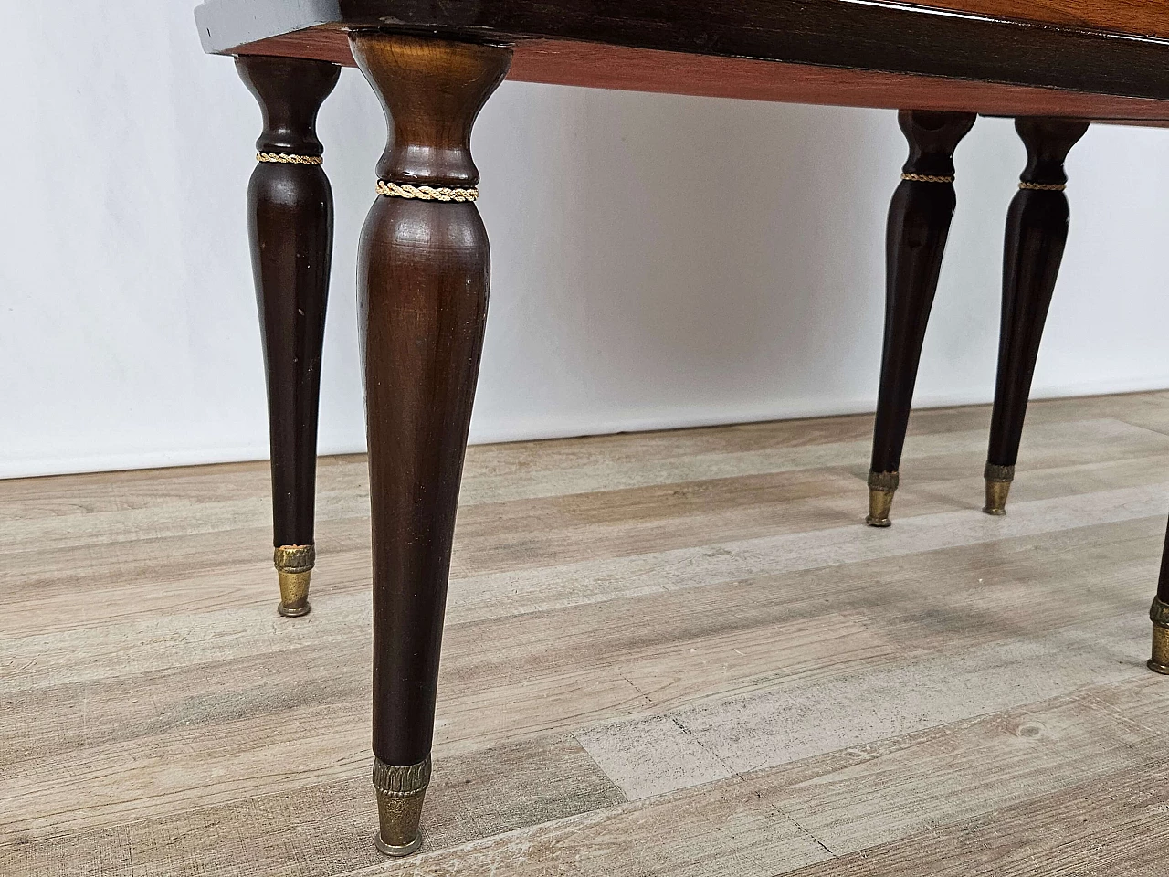 Pair of mahogany, maple and rosewood bedside tables with glass top and flap, 1960s 35