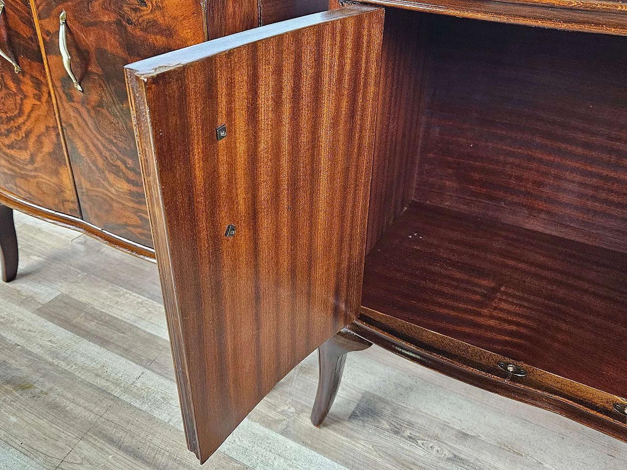 Pair of walnut bedside tables with brass handles and wavy legs, 1950s 34