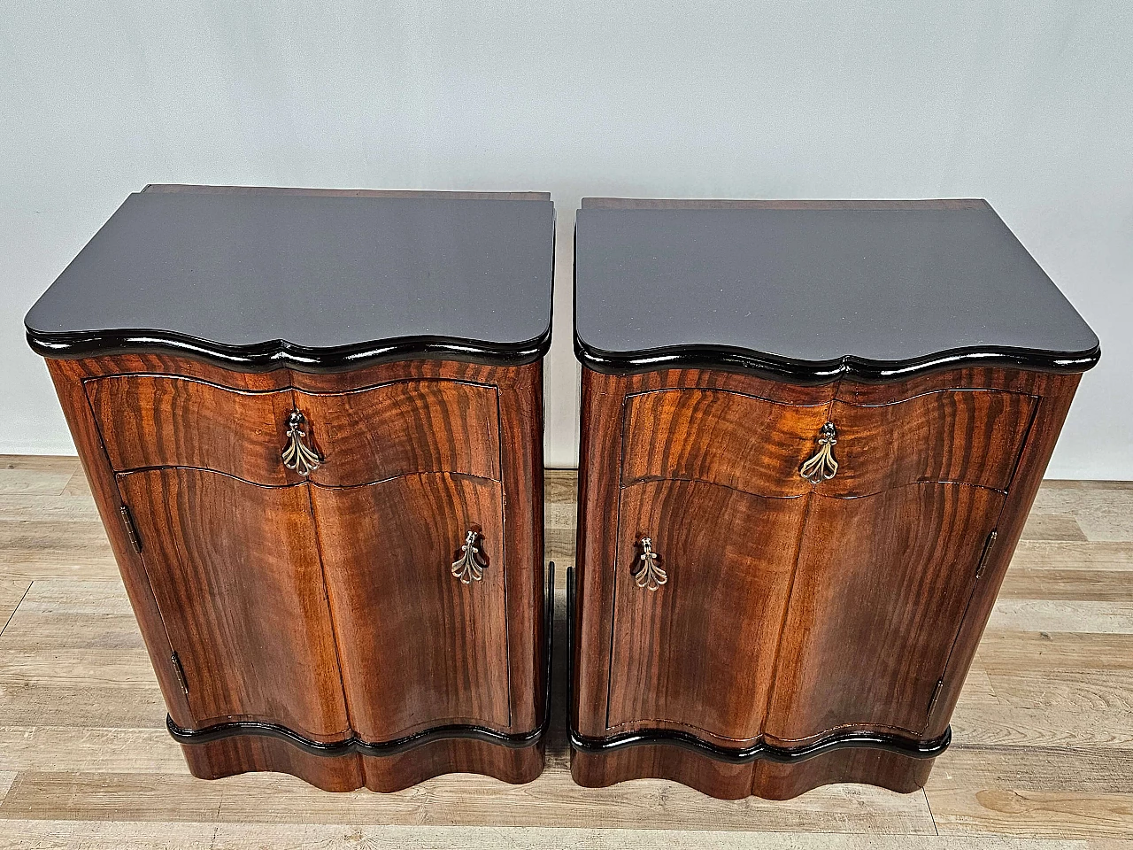 Pair of mahogany and ebony bedside tables with black glass top, 1950s 2