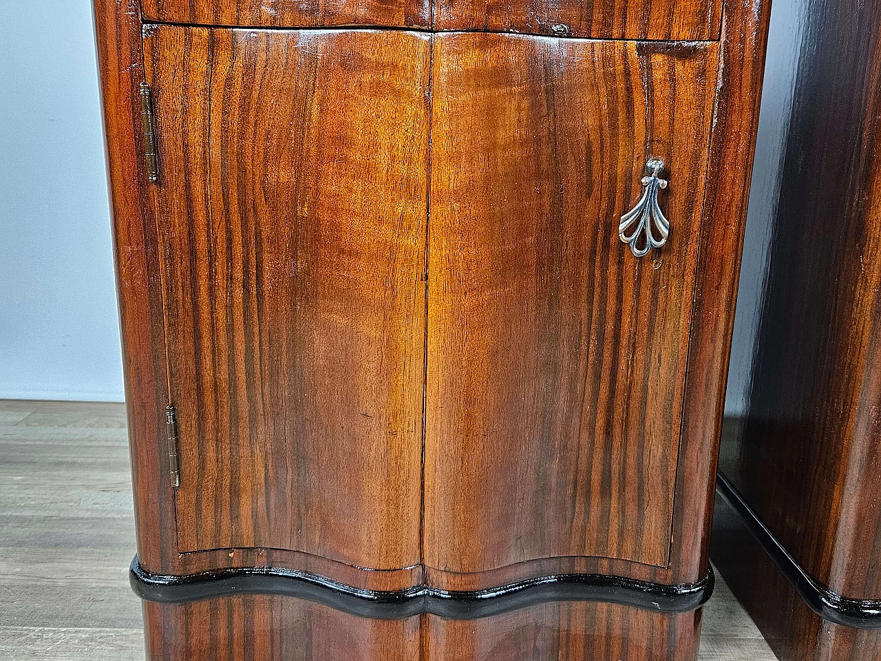 Pair of mahogany and ebony bedside tables with black glass top, 1950s 26