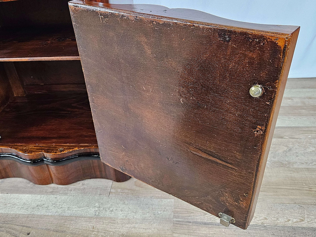 Pair of mahogany and ebony bedside tables with black glass top, 1950s 48