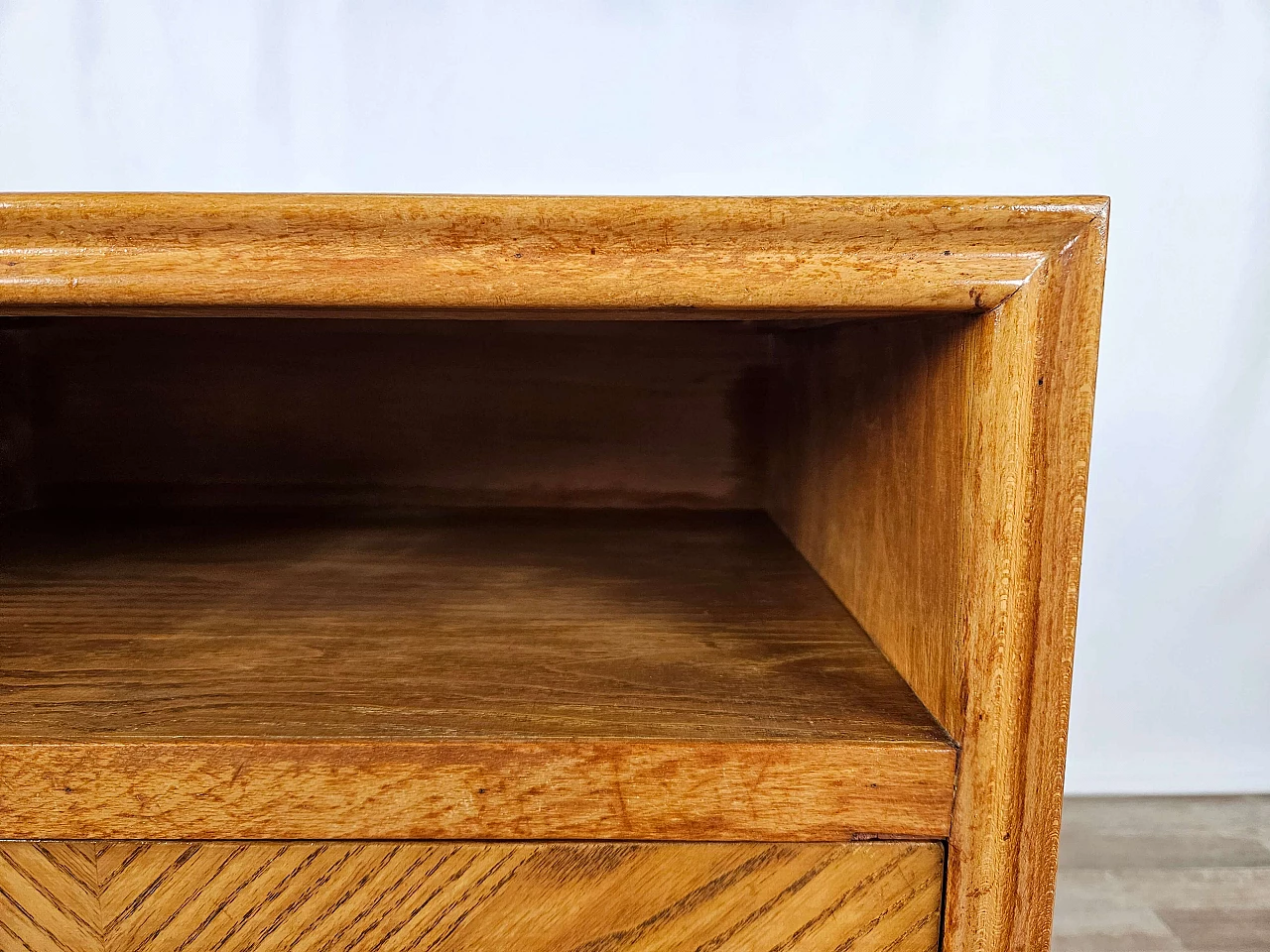 Single bedside table in blond walnut with flap and open space, 1950s 10