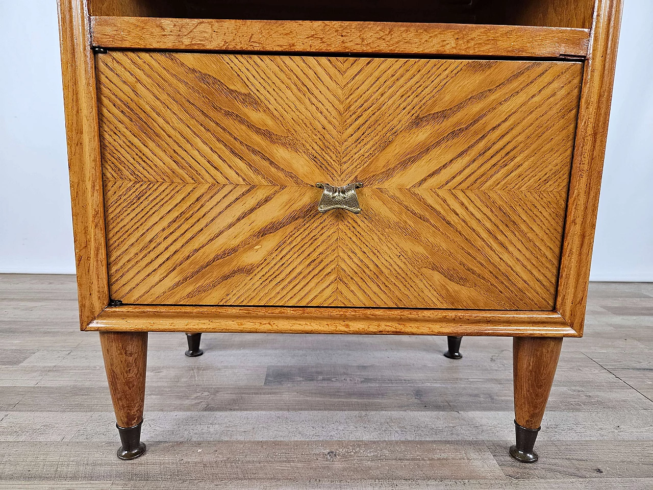 Single bedside table in blond walnut with flap and open space, 1950s 14