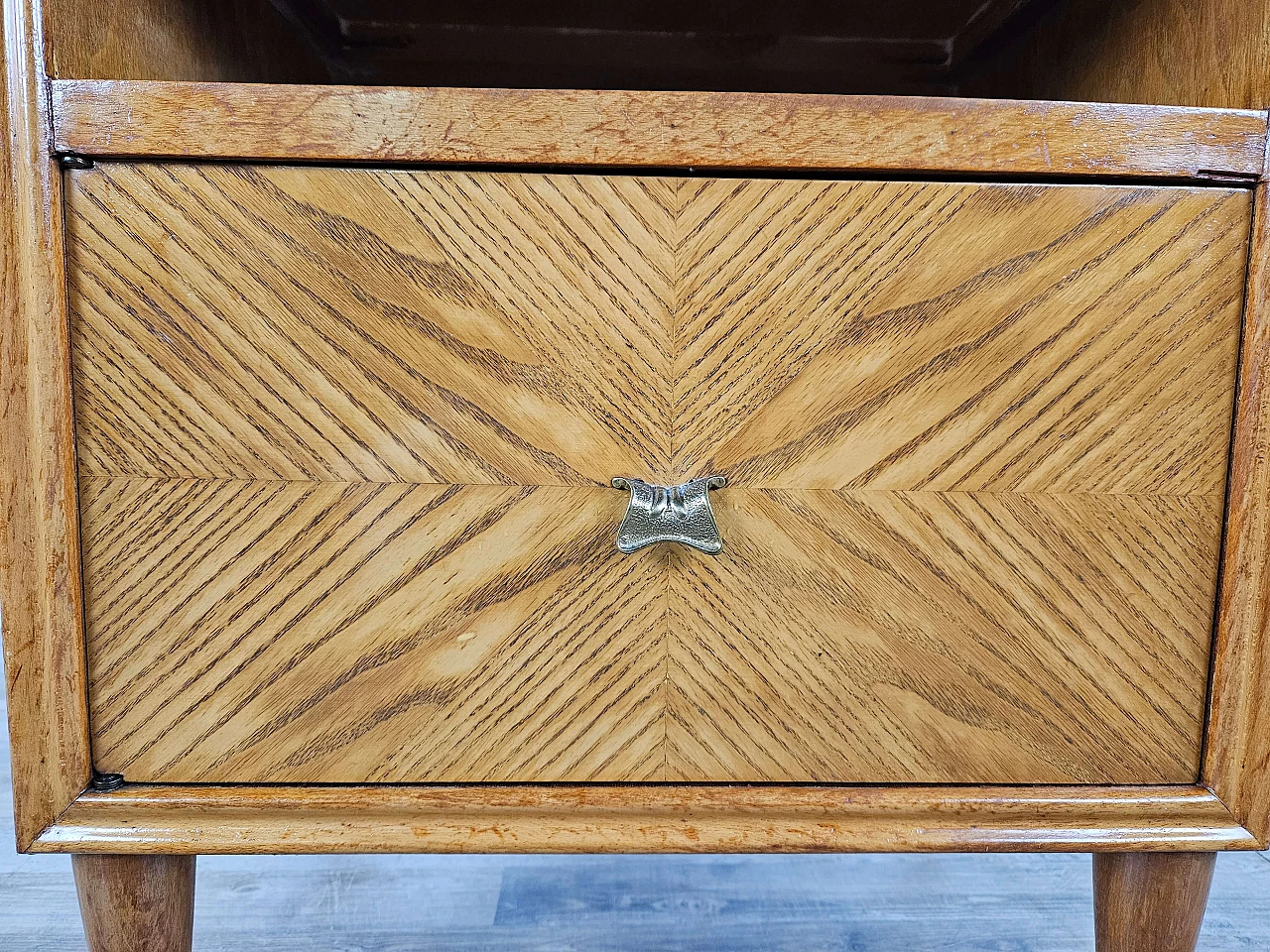 Single bedside table in blond walnut with flap and open space, 1950s 15