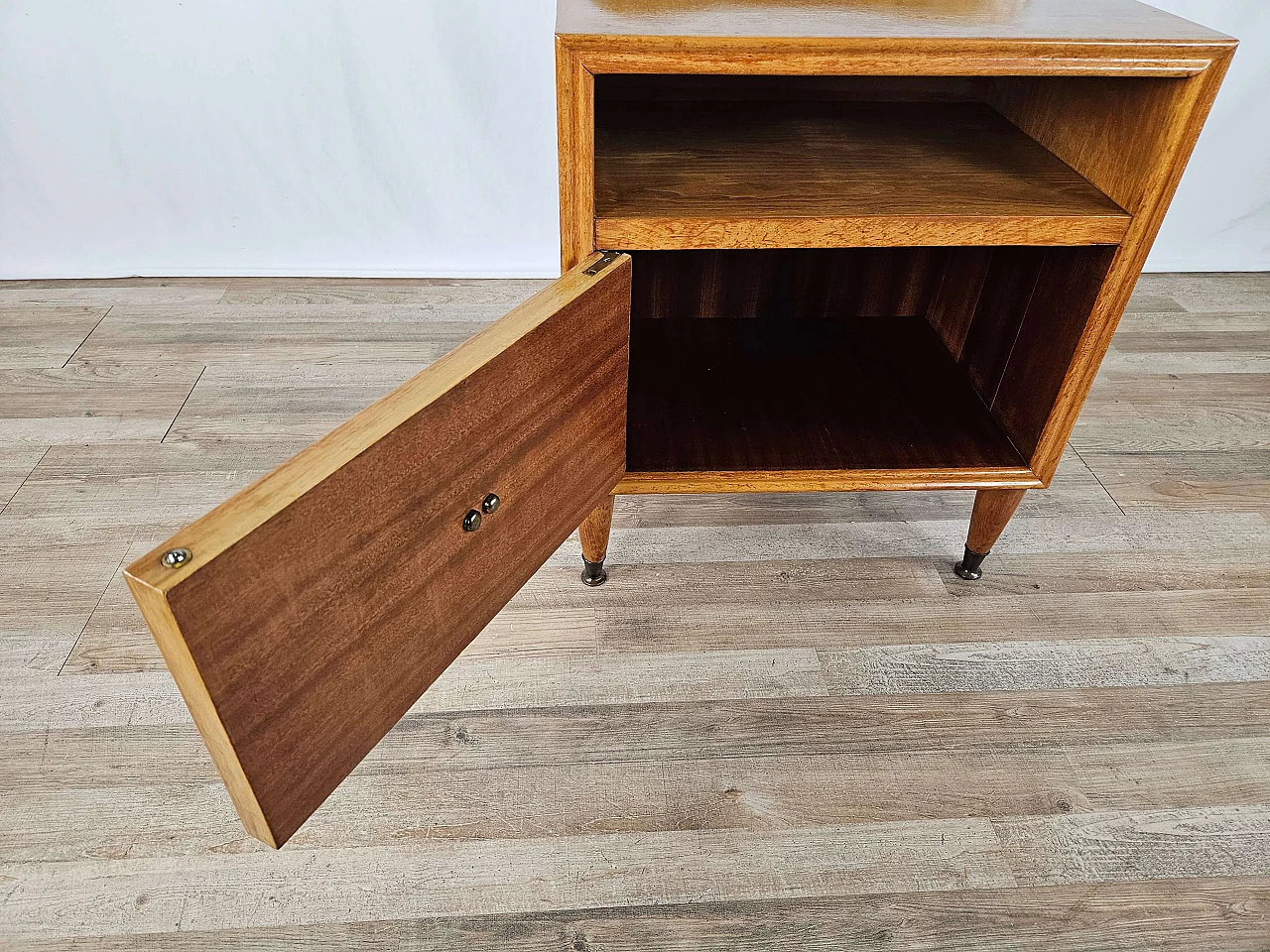 Single bedside table in blond walnut with flap and open space, 1950s 18