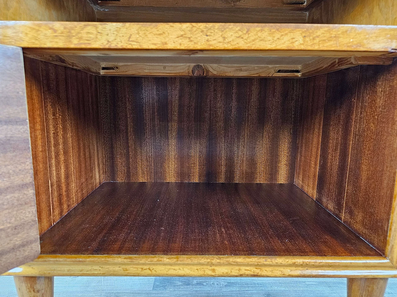 Single bedside table in blond walnut with flap and open space, 1950s 19