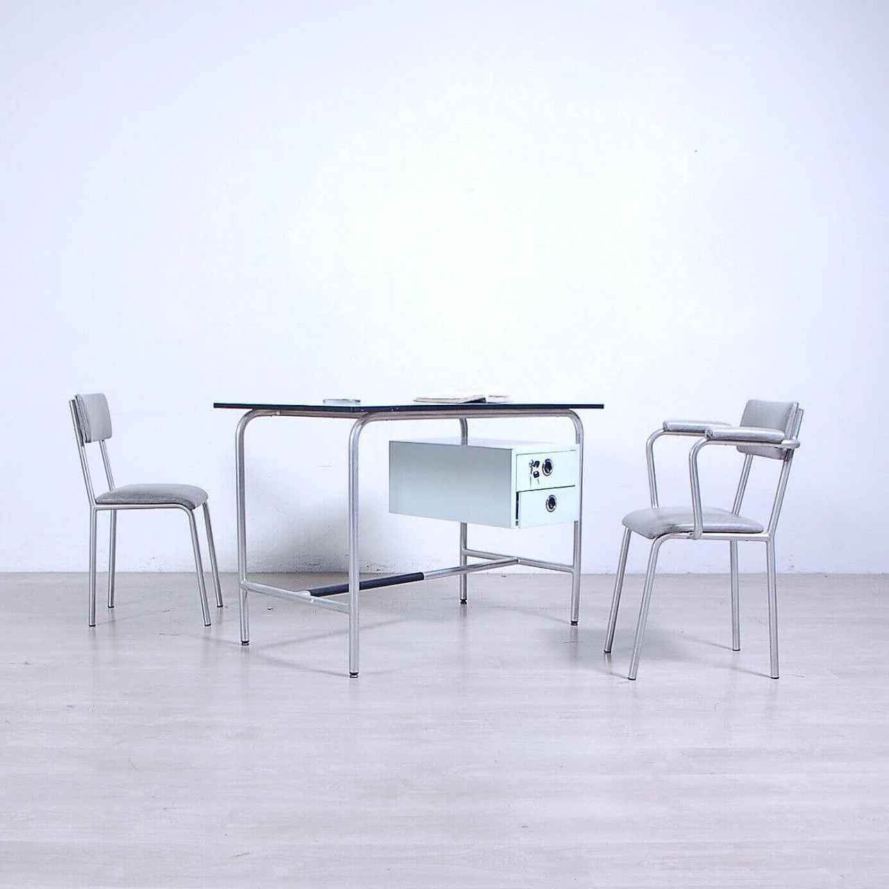 Aluminum and white veneer desk with iron drawers, 1960s 1