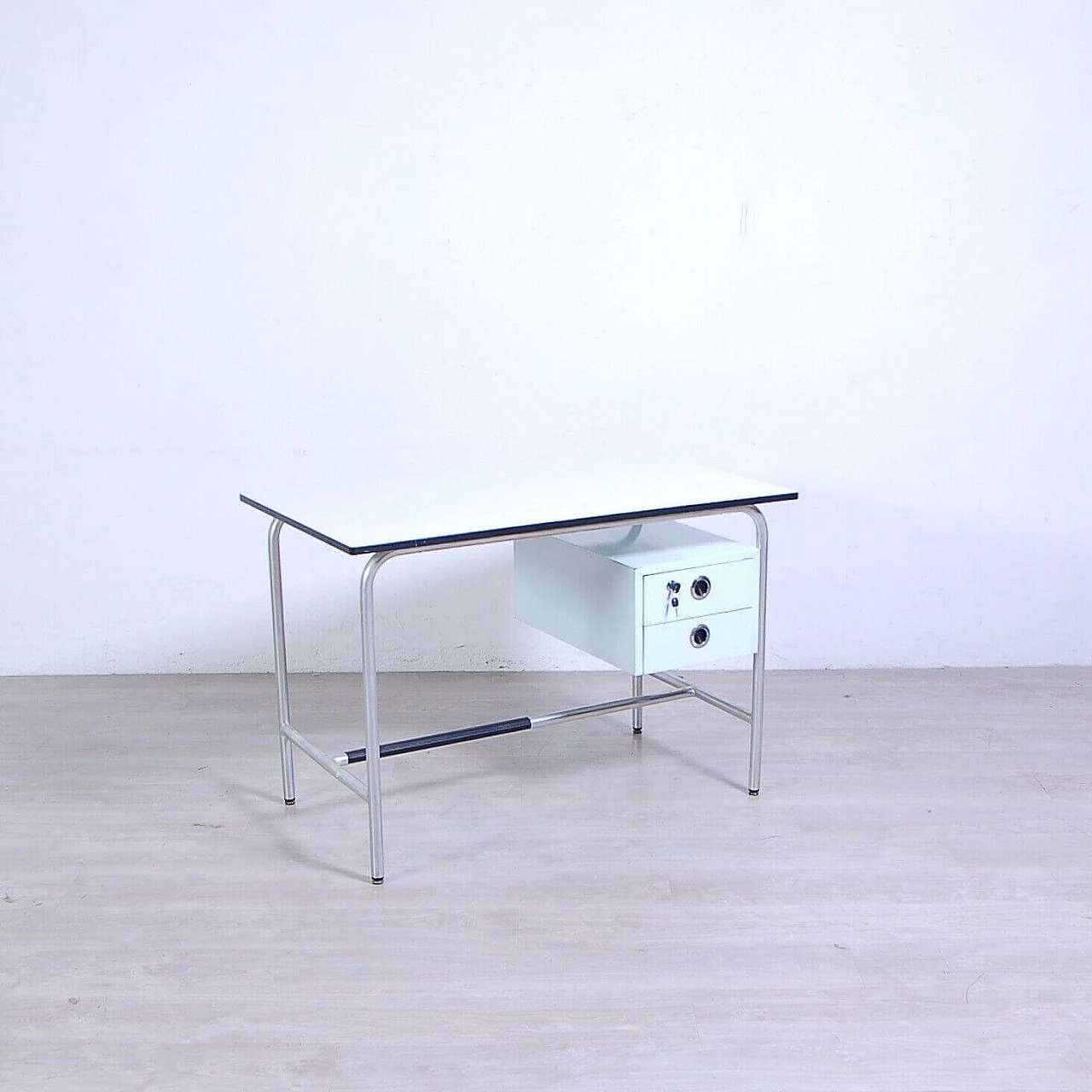 Aluminum and white veneer desk with iron drawers, 1960s 2