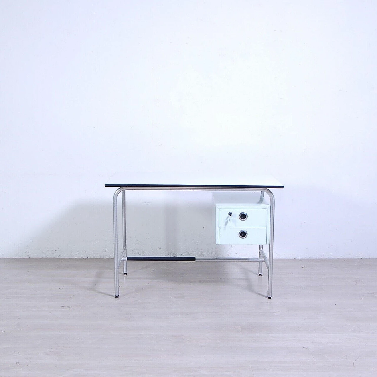 Aluminum and white veneer desk with iron drawers, 1960s 3