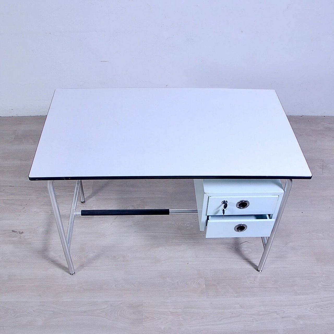 Aluminum and white veneer desk with iron drawers, 1960s 7