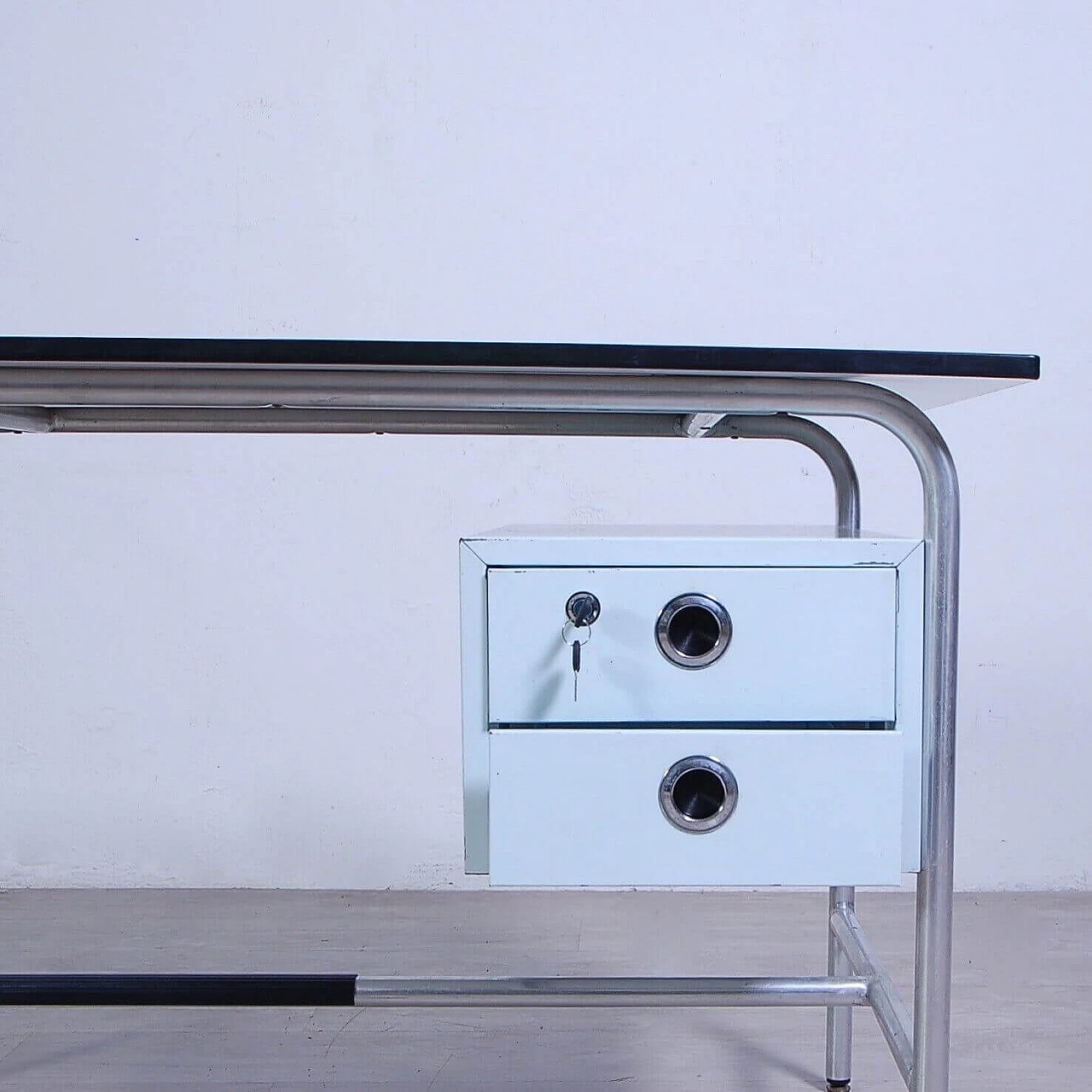 Aluminum and white veneer desk with iron drawers, 1960s 8