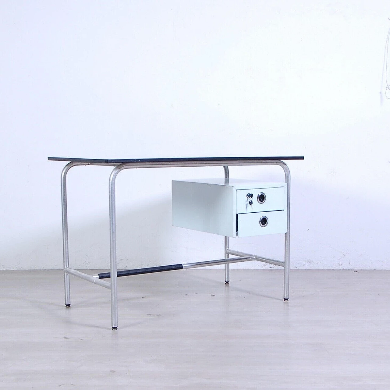 Aluminum and white veneer desk with iron drawers, 1960s 15