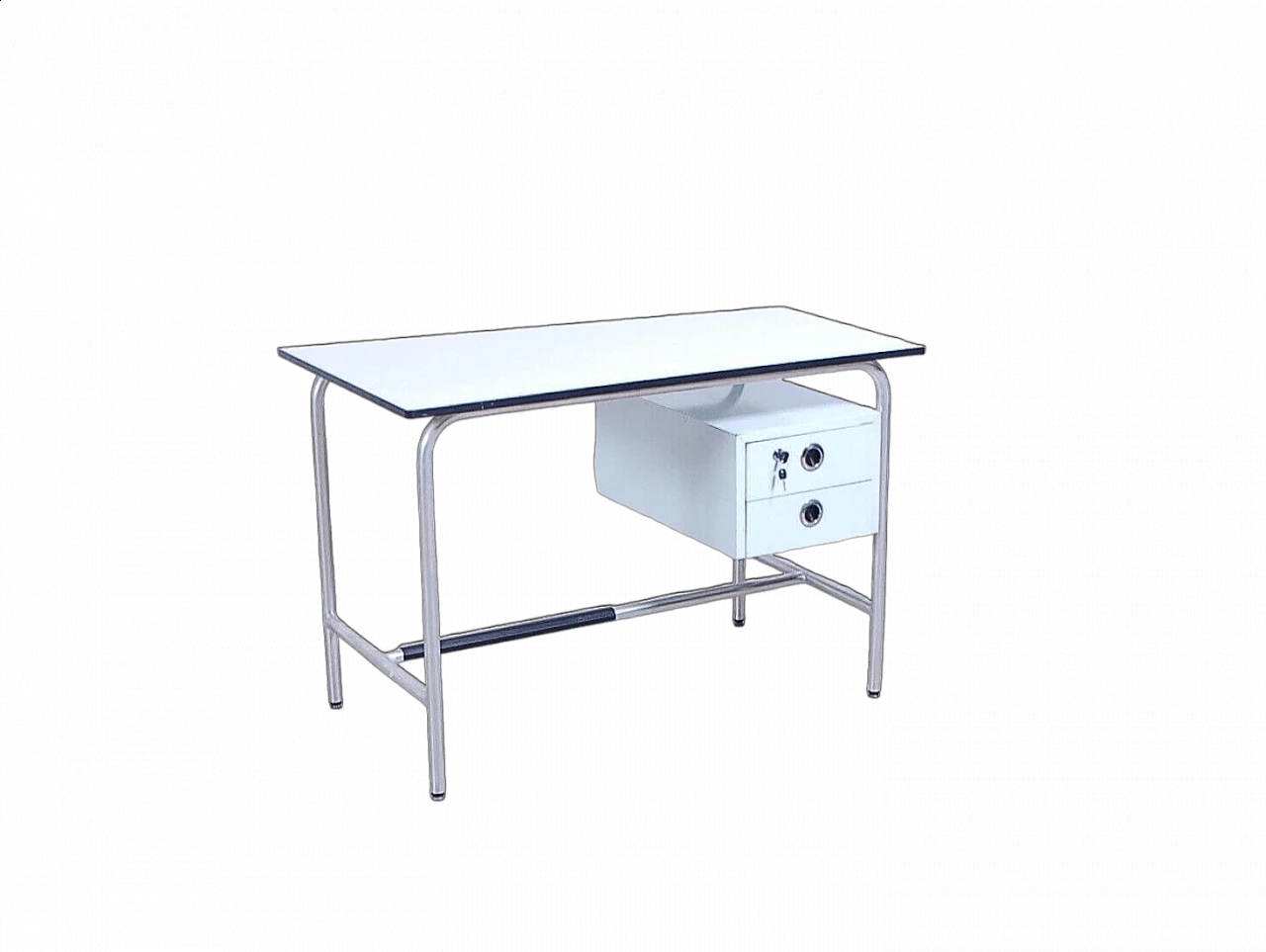 Aluminum and white veneer desk with iron drawers, 1960s 16