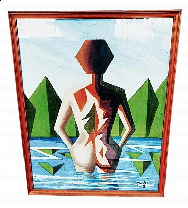 PierGi, surrealist composition, oil painting on sackcloth, 1971