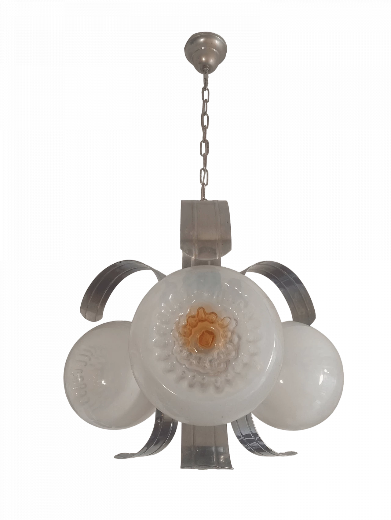 Three-light glass and chromed metal chandelier, 1970s 17