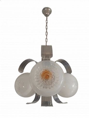 Three-light glass and chromed metal chandelier, 1970s