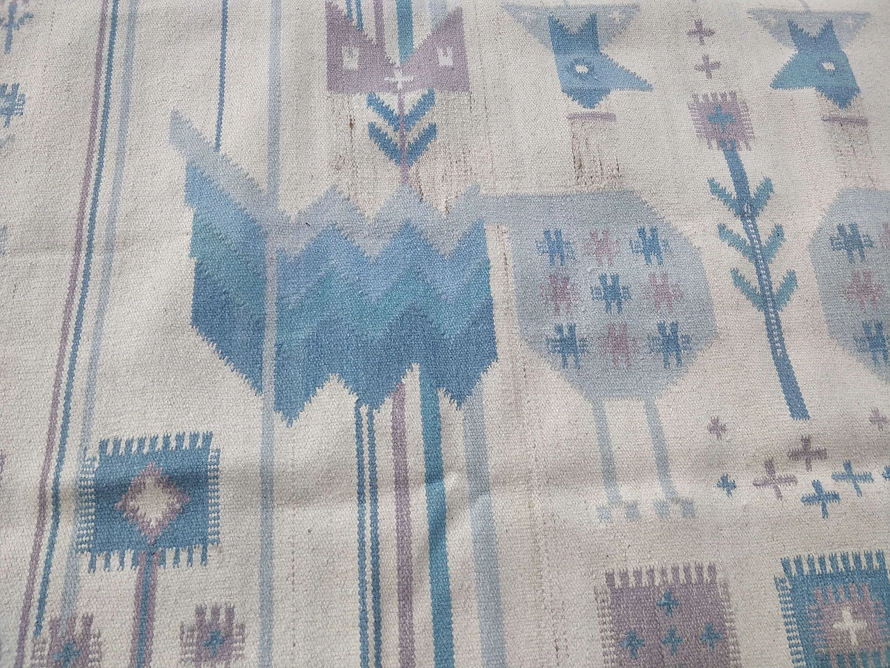 Light blue wool Kilim carpet by Eva Nemth, 1970s 10