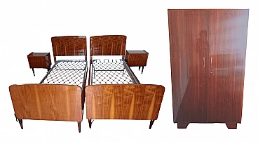 Pair of single beds, pair of bedside tables and wardrobe in wood veneer, 1950s