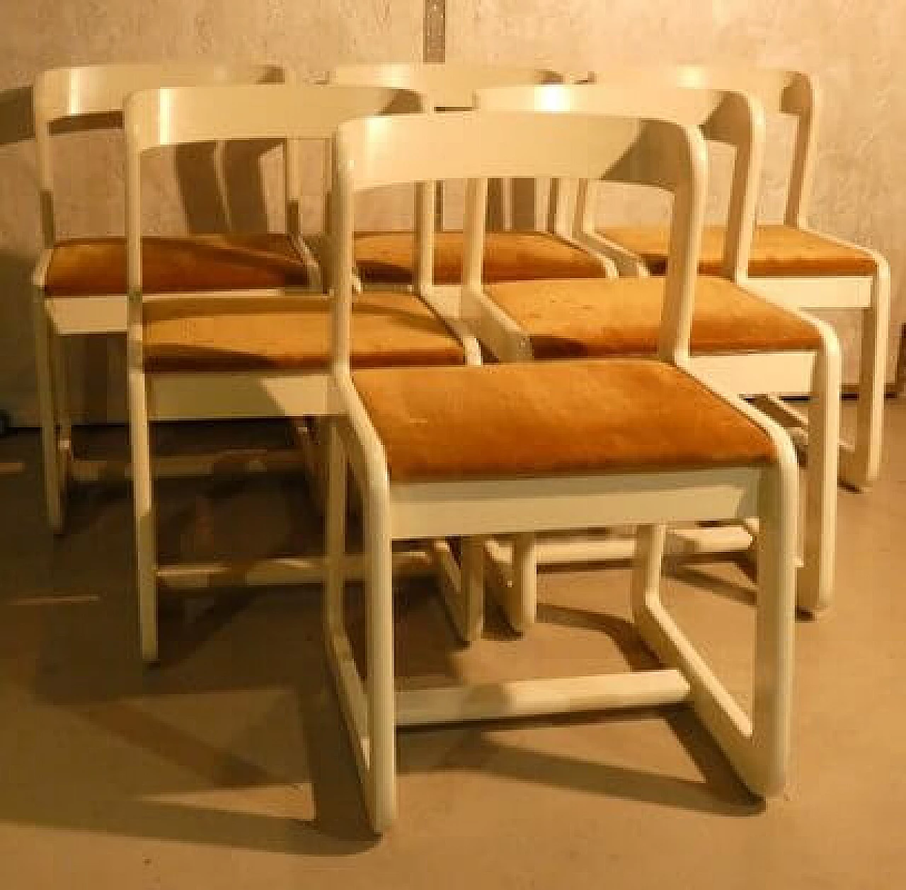 6 Chairs in white wood and mustard velvet by Mario Sabot, 1970s 1