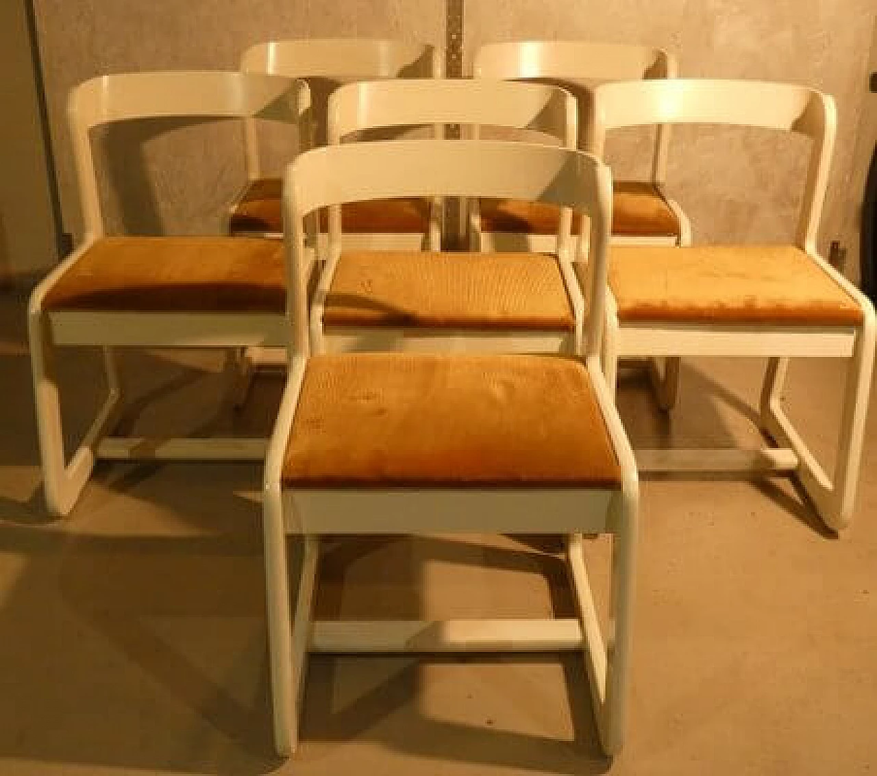 6 Chairs in white wood and mustard velvet by Mario Sabot, 1970s 2