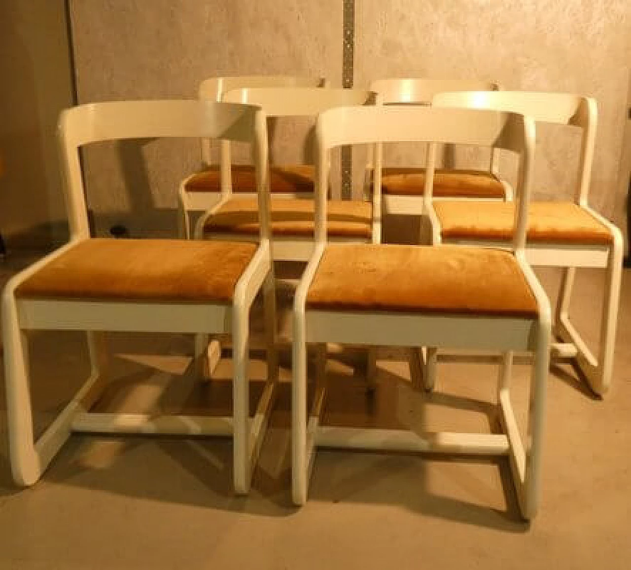 6 Chairs in white wood and mustard velvet by Mario Sabot, 1970s 3