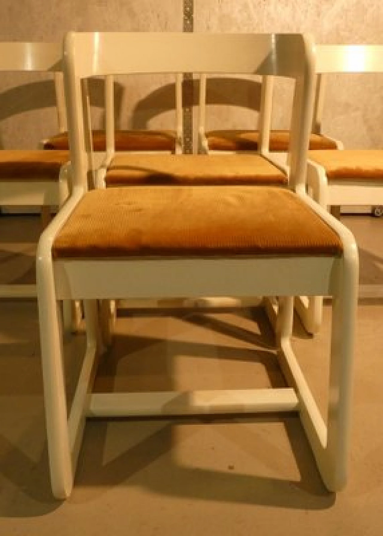 6 Chairs in white wood and mustard velvet by Mario Sabot, 1970s 4