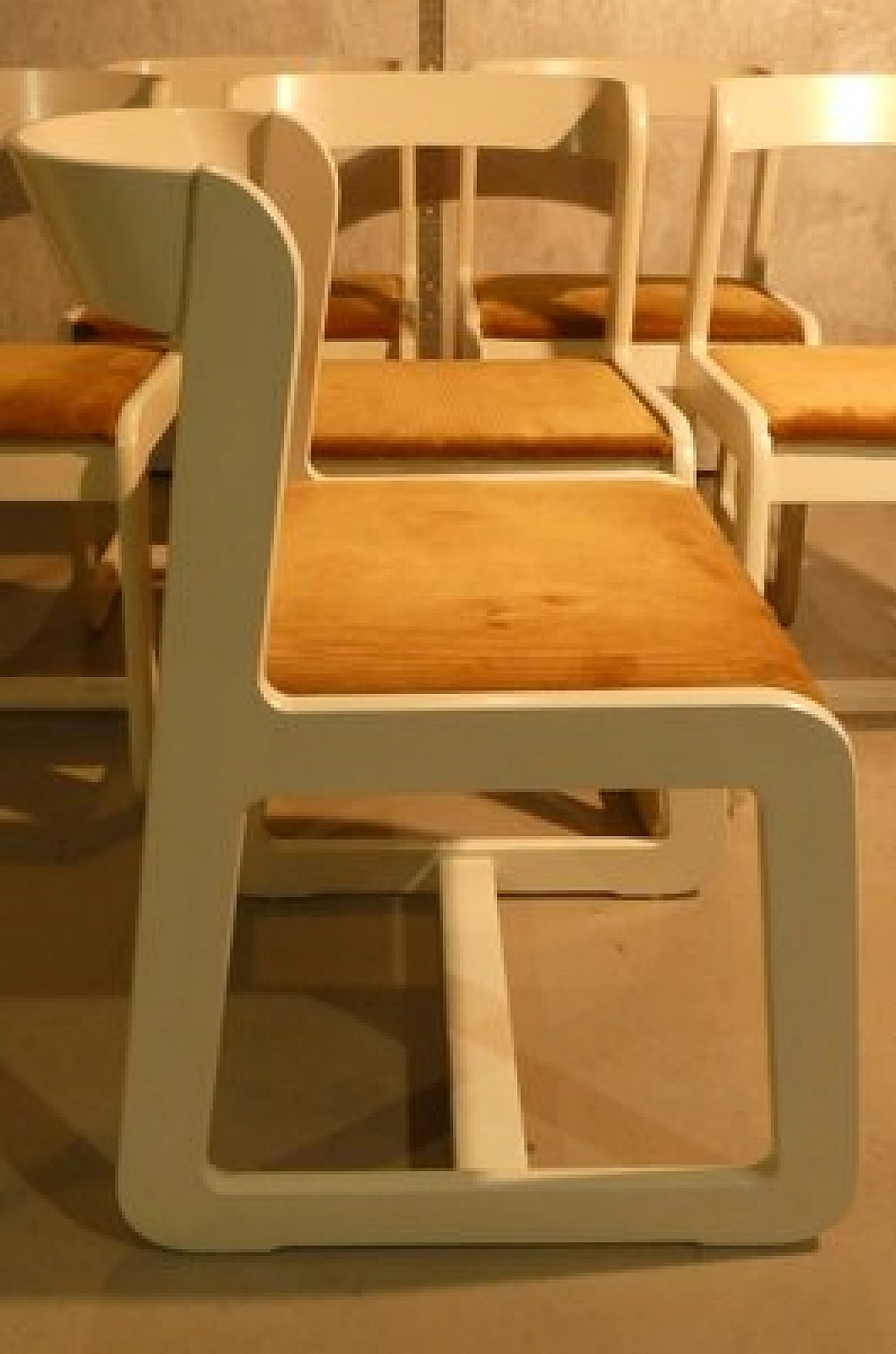 6 Chairs in white wood and mustard velvet by Mario Sabot, 1970s 6