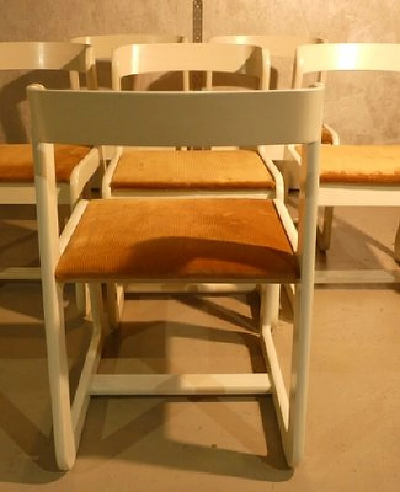 6 Chairs in white wood and mustard velvet by Mario Sabot, 1970s 7