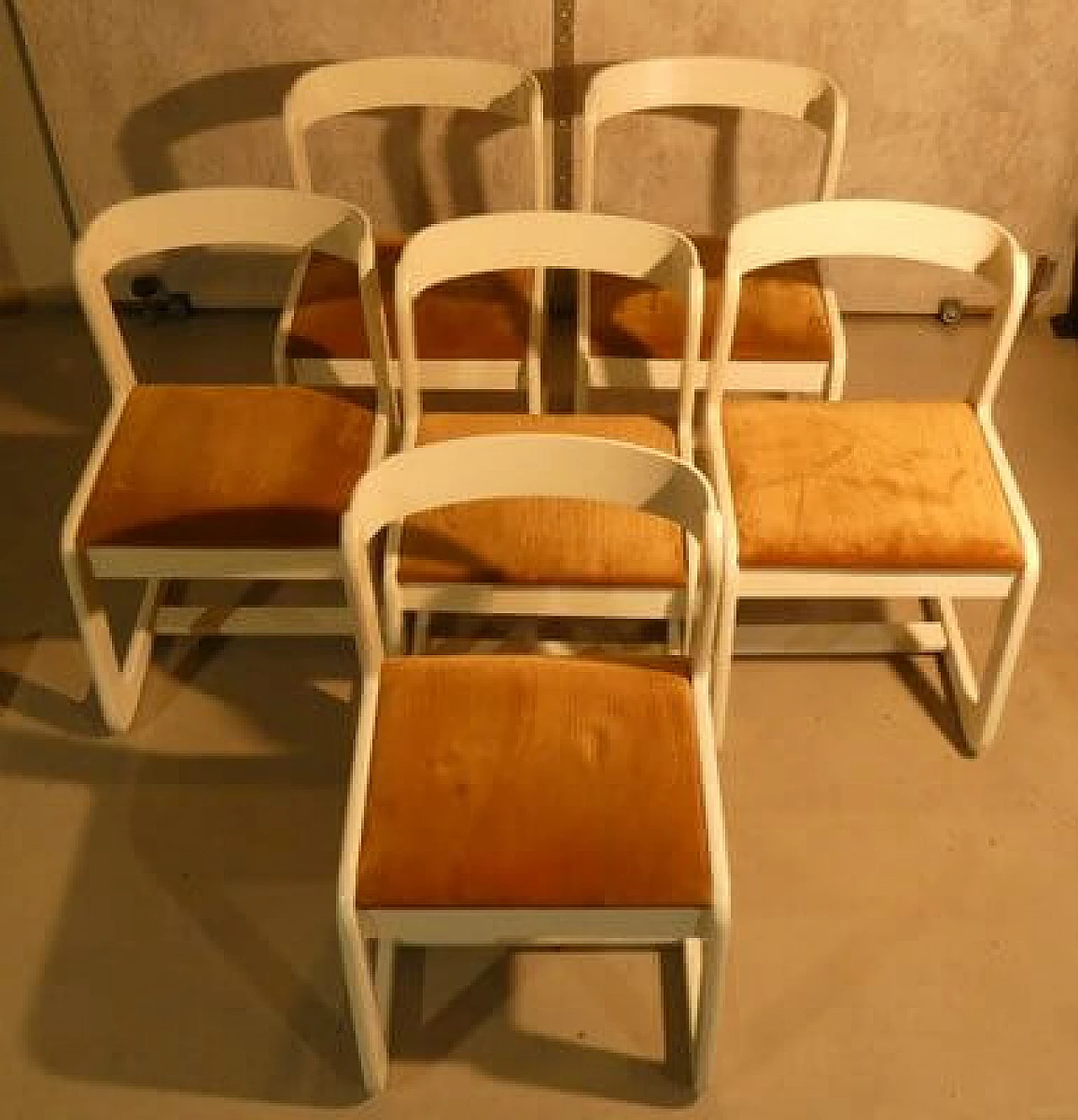 6 Chairs in white wood and mustard velvet by Mario Sabot, 1970s 10