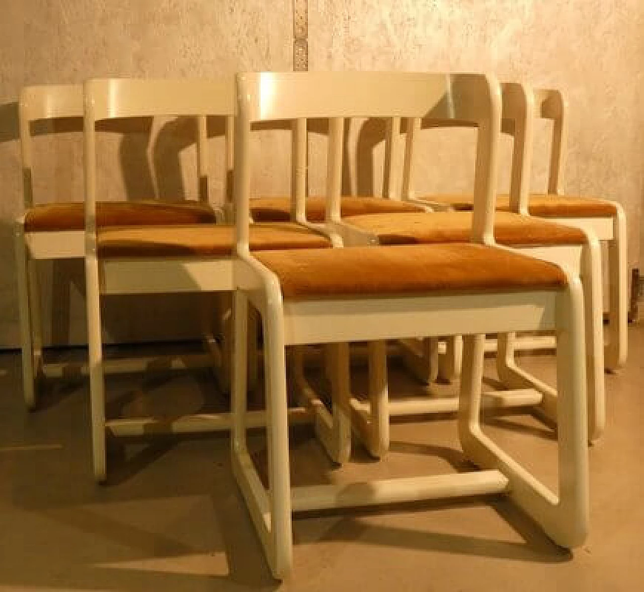 6 Chairs in white wood and mustard velvet by Mario Sabot, 1970s 14