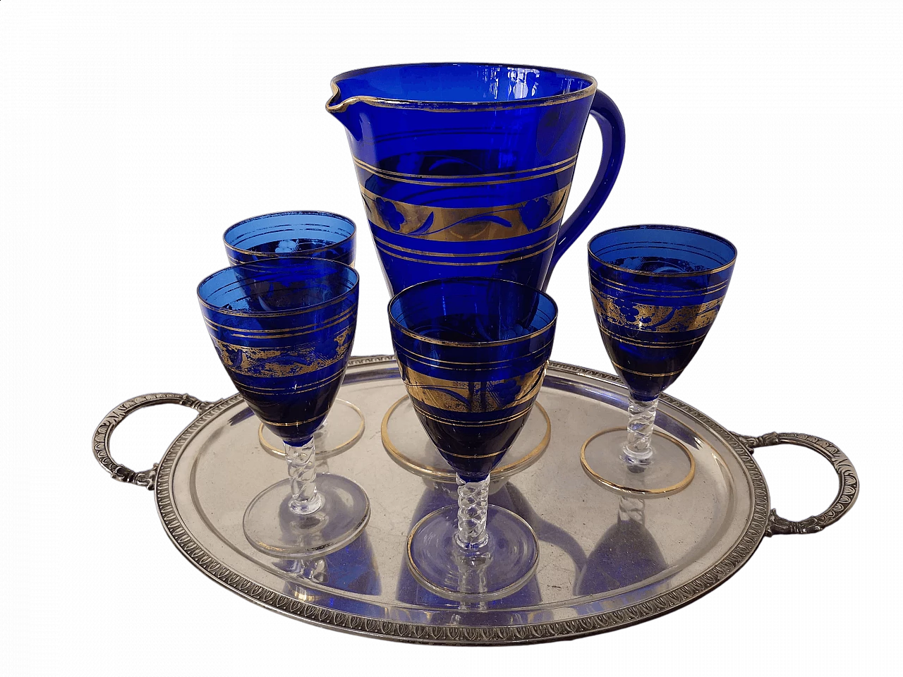4 Bicchieri e caraffa in vetro di Murano blu cobalto e oro, metà '800 8