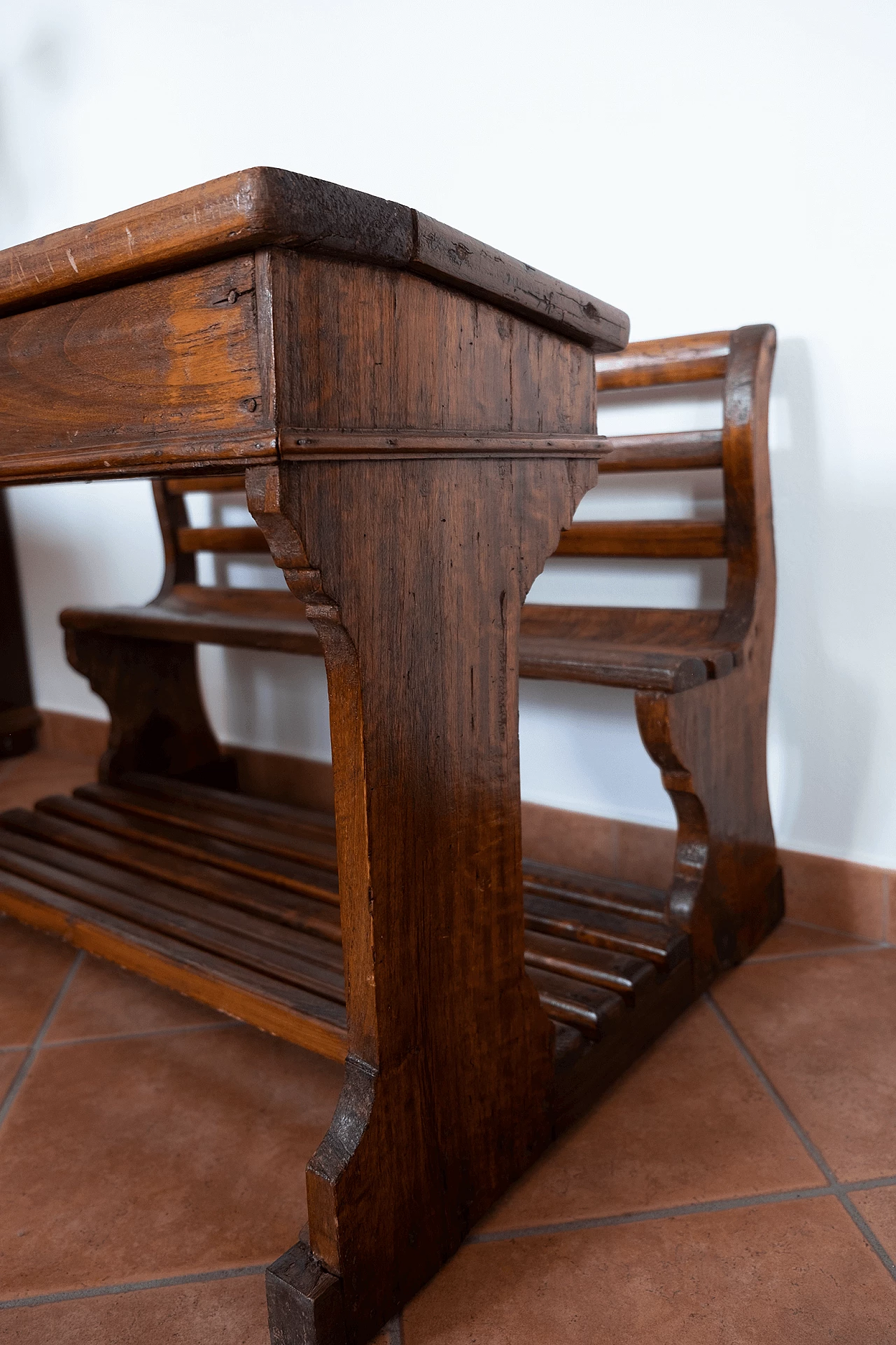 Wood school desk with bench, late 19th century 9