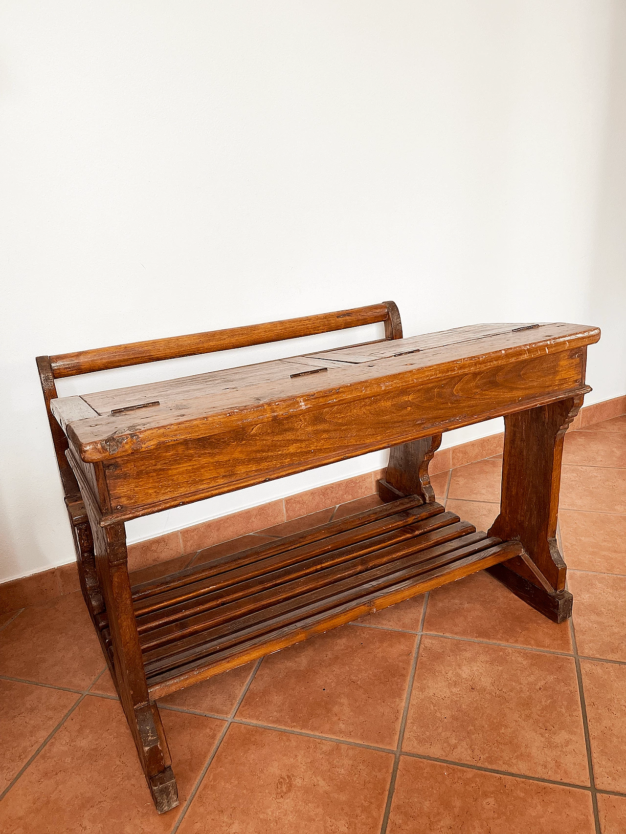 Wood school desk with bench, late 19th century 17