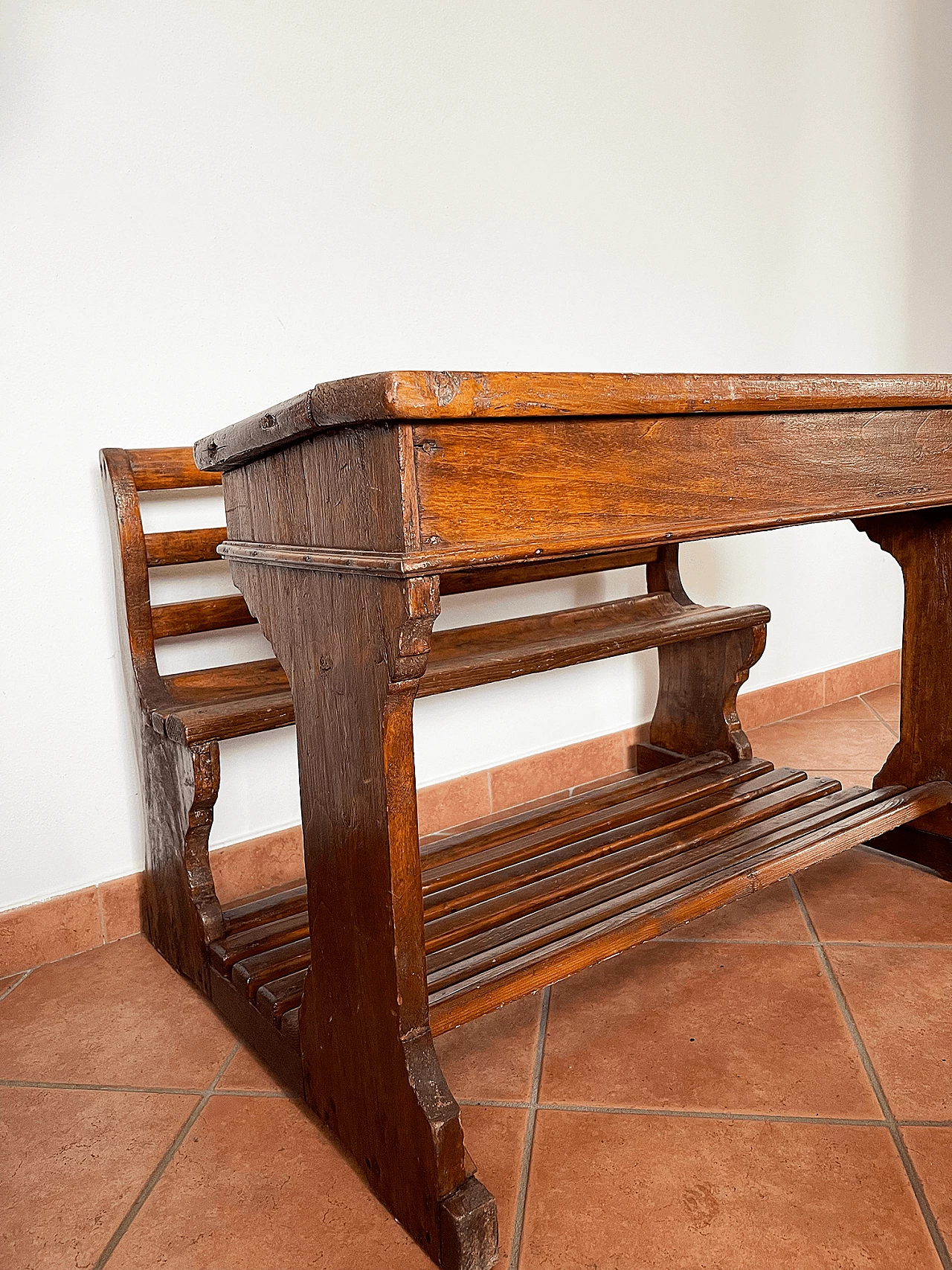 Wood school desk with bench, late 19th century 19