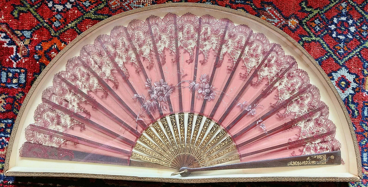 Painted silk fan in frame, 19th century 1