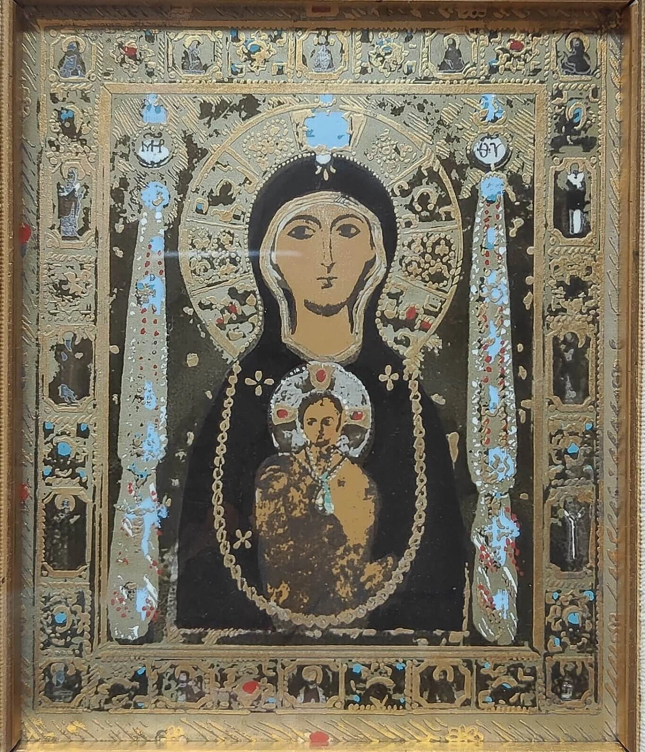 Madonna Nicopeia on silver and gold plate by Berzolari, 1980s 3