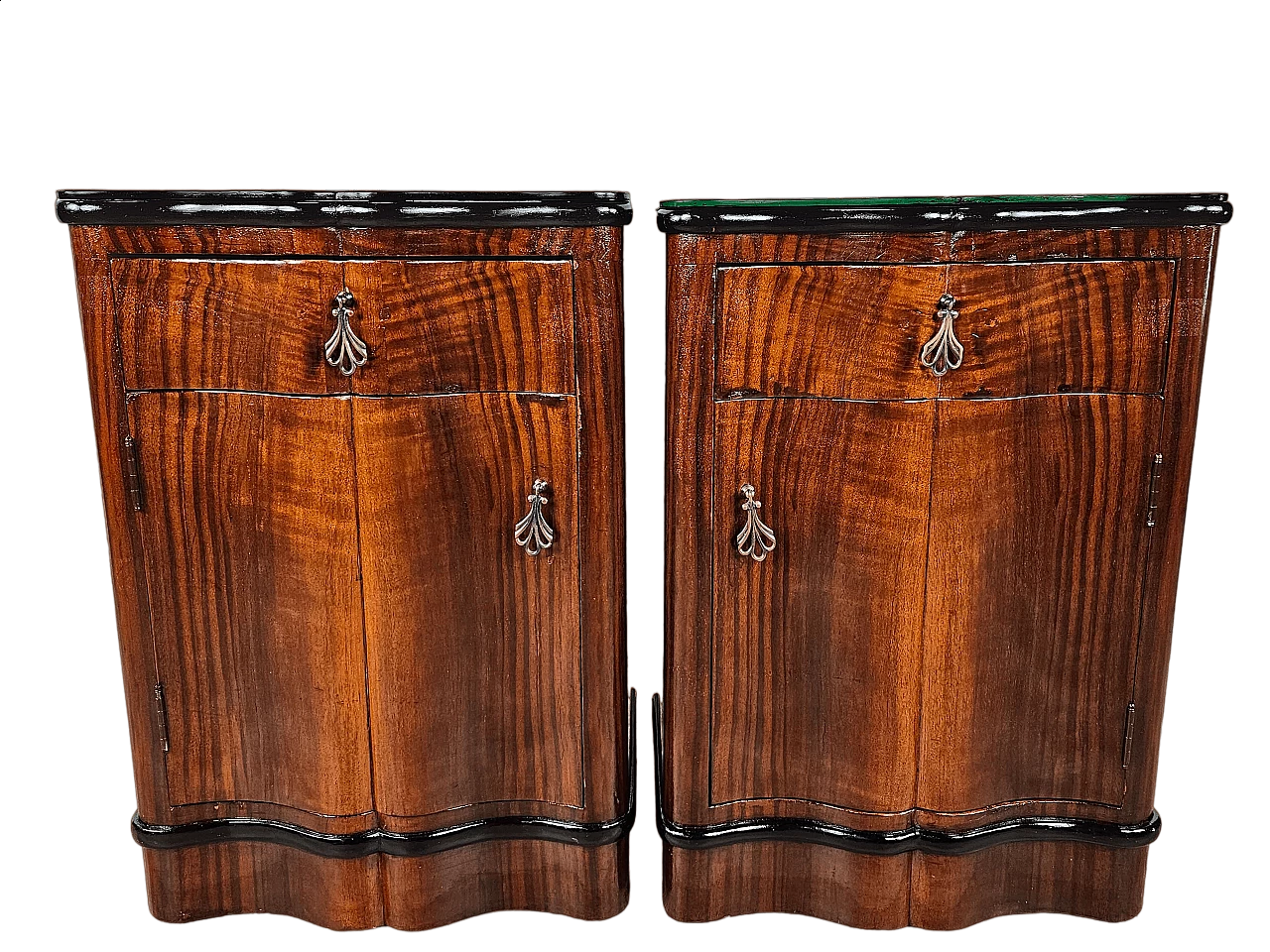 Pair of mahogany and ebony bedside tables with black glass top, 1950s 50