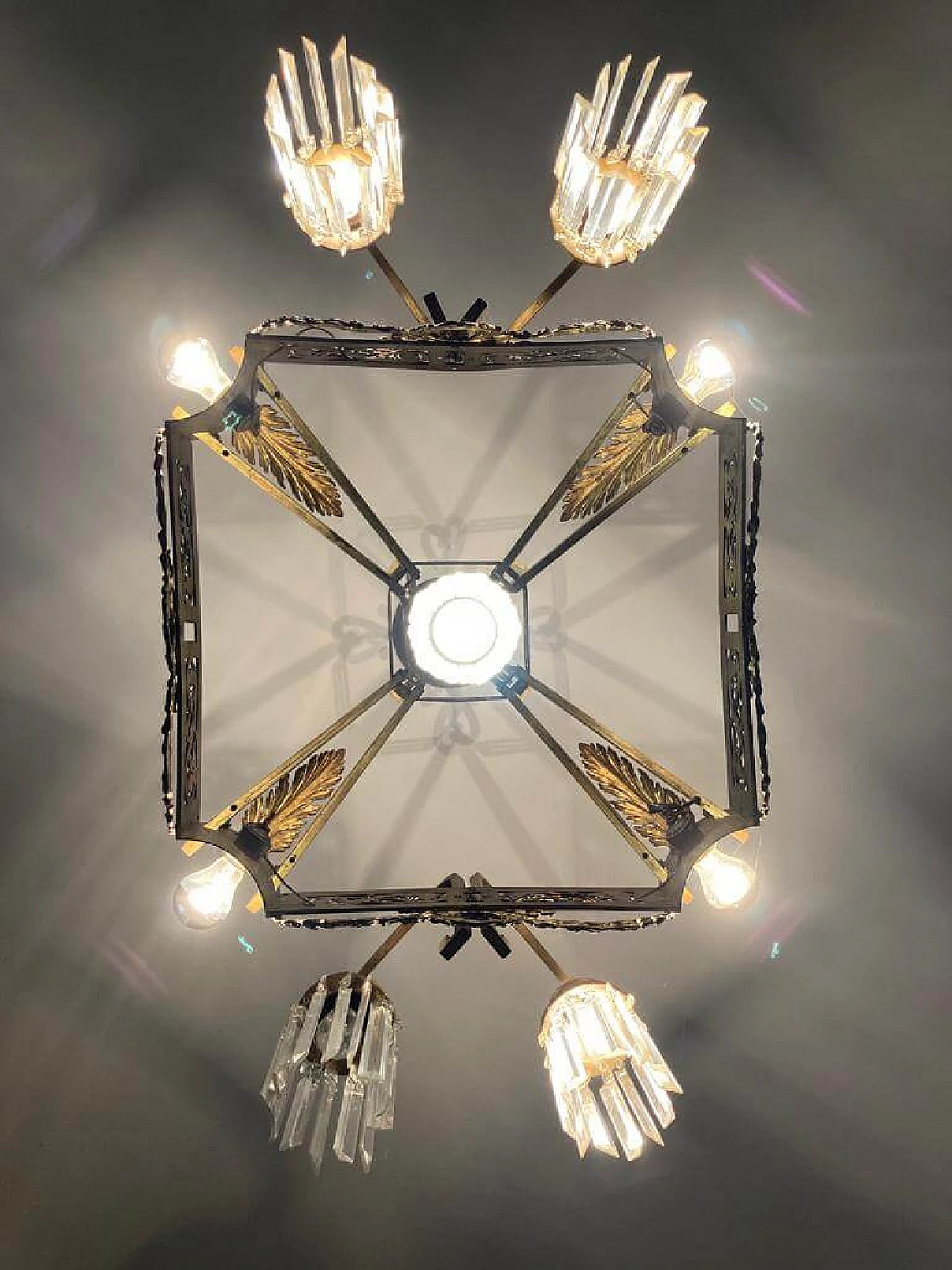 Art Nouveau gilded brass chandelier with pendants, 1920s 2